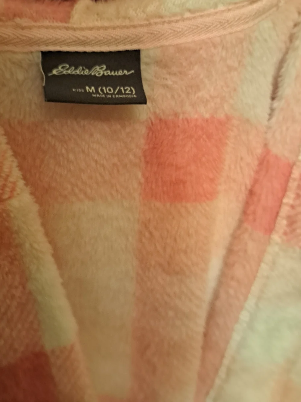 Eddie Bauer Girls Cozy Pink and Cream Plaid Plush Hooded Robe, good preloved.